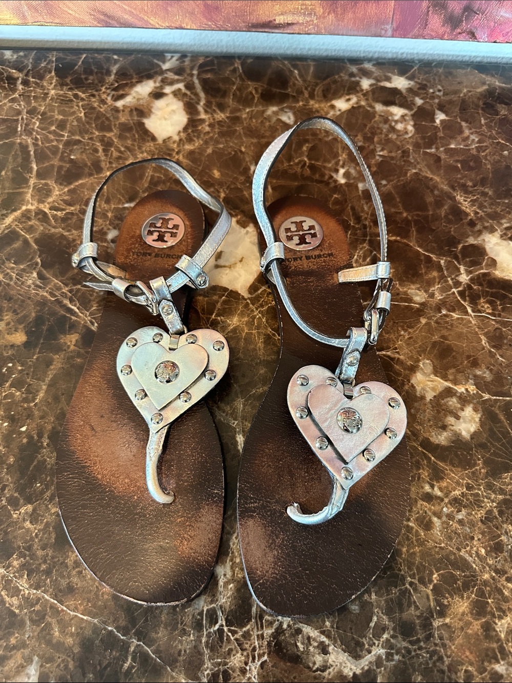 Tory Burch Brown Leather Sandals with Silver Heart Accents